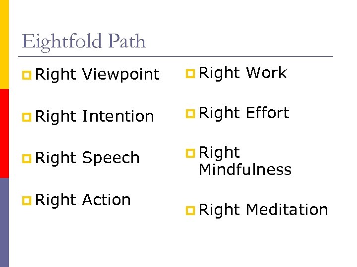 Eightfold Path p Right Viewpoint p Right Work p Right Intention p Right Effort