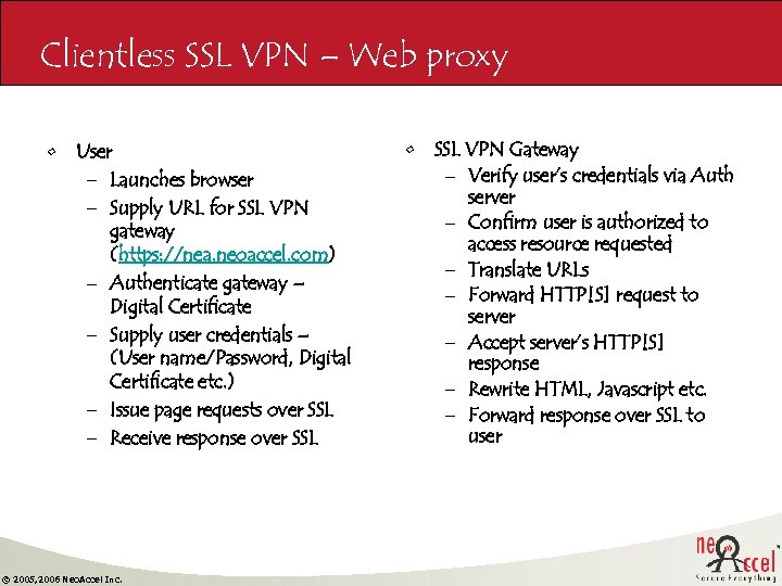 Clientless SSL VPN – Web proxy • User – Launches browser – Supply URL