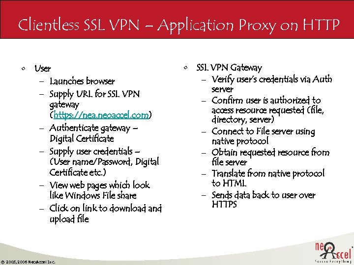 Clientless SSL VPN – Application Proxy on HTTP • User – Launches browser –