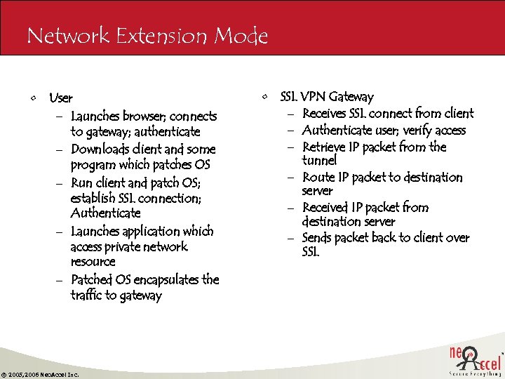 Network Extension Mode • User – Launches browser; connects to gateway; authenticate – Downloads