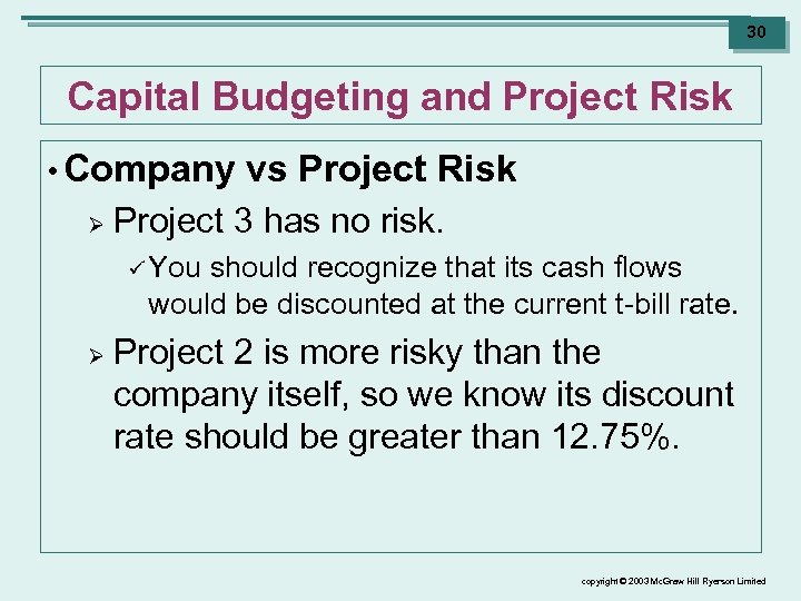 30 Capital Budgeting and Project Risk • Company Ø vs Project Risk Project 3