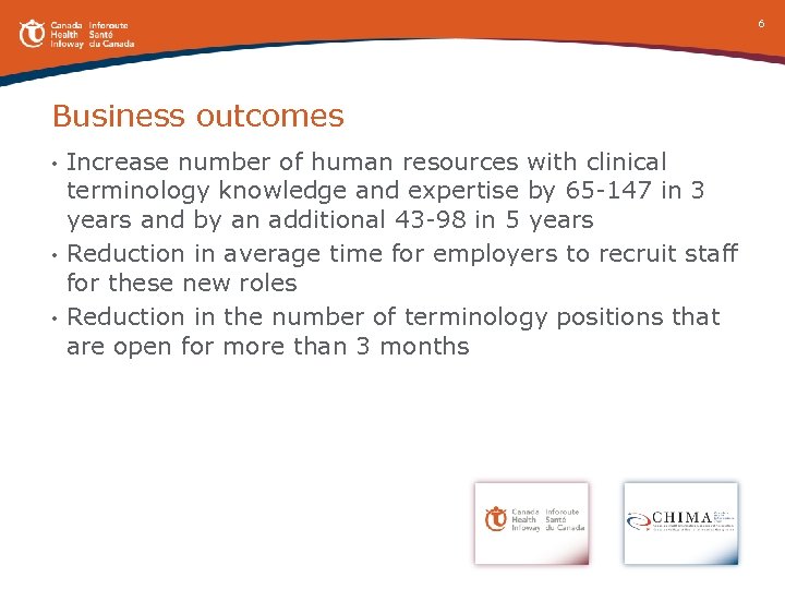 6 Business outcomes Increase number of human resources with clinical terminology knowledge and expertise