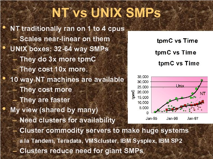 NT vs UNIX SMPs • • NT traditionally ran on 1 to 4 cpus