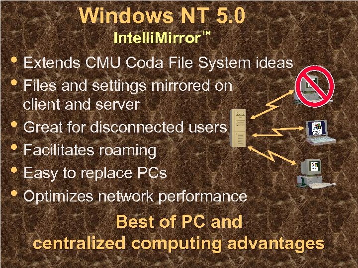 Windows NT 5. 0 Intelli. Mirror™ • Extends CMU Coda File System ideas •