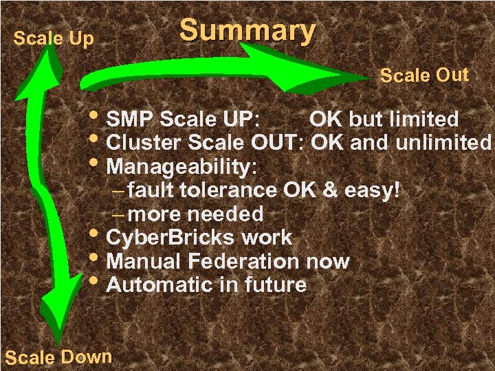 Summary Scale Up Scale Out • SMP Scale UP: OK but limited • Cluster