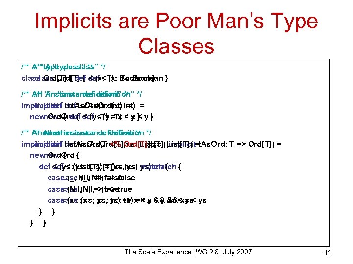 Implicits are Poor Man’s Type Classes /** A “type class” */ class Ord[T] {