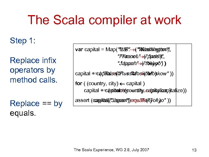 The Scala compiler at work Step 1: Replace infix operators by method calls. Replace