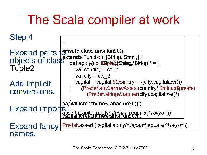The Scala compiler at work Step 4: . . . private class anonfun$0() private