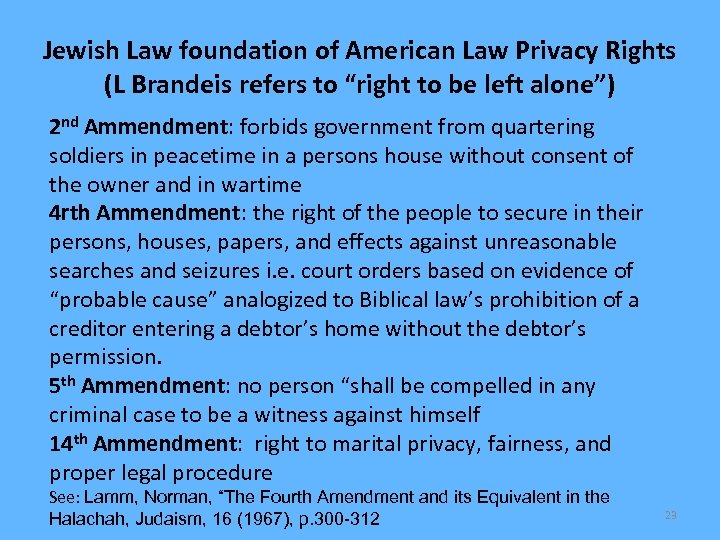 Jewish Law foundation of American Law Privacy Rights (L Brandeis refers to “right to