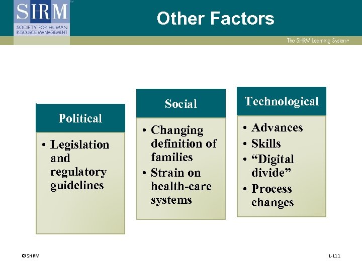 Other Factors Social Political • Legislation and regulatory guidelines © SHRM • Changing definition