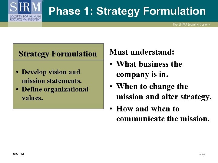 Phase 1: Strategy Formulation • Develop vision and mission statements. • Define organizational values.