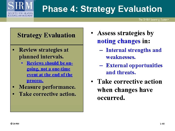 Phase 4: Strategy Evaluation • Review strategies at planned intervals. • Reviews should be