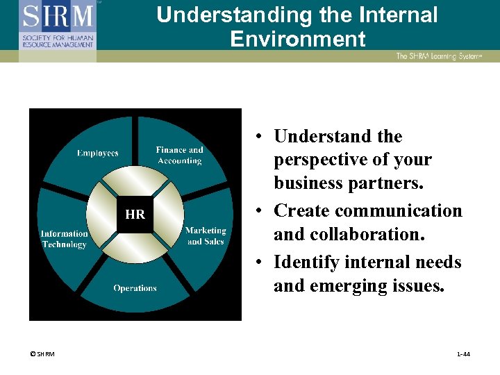 Understanding the Internal Environment • Understand the perspective of your business partners. • Create