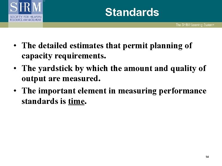 Standards • The detailed estimates that permit planning of capacity requirements. • The yardstick