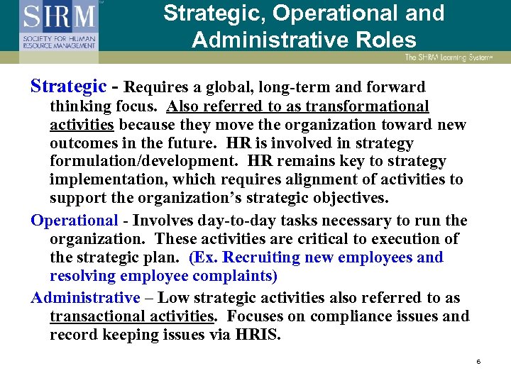 Strategic, Operational and Administrative Roles Strategic - Requires a global, long-term and forward thinking