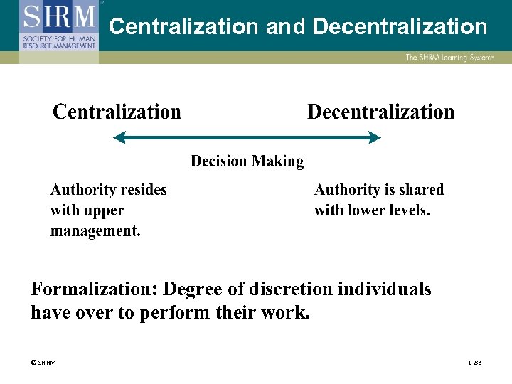 Centralization and Decentralization Formalization: Degree of discretion individuals have over to perform their work.