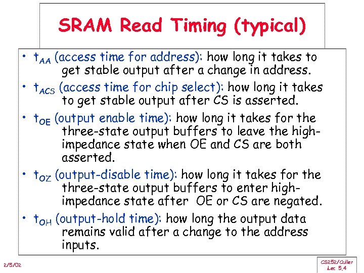 SRAM Read Timing (typical) • t. AA (access time for address): how long it