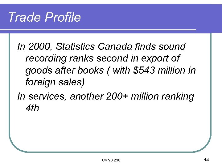Trade Profile In 2000, Statistics Canada finds sound recording ranks second in export of