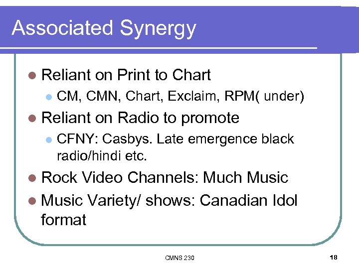 Associated Synergy l Reliant l CM, CMN, Chart, Exclaim, RPM( under) l Reliant l