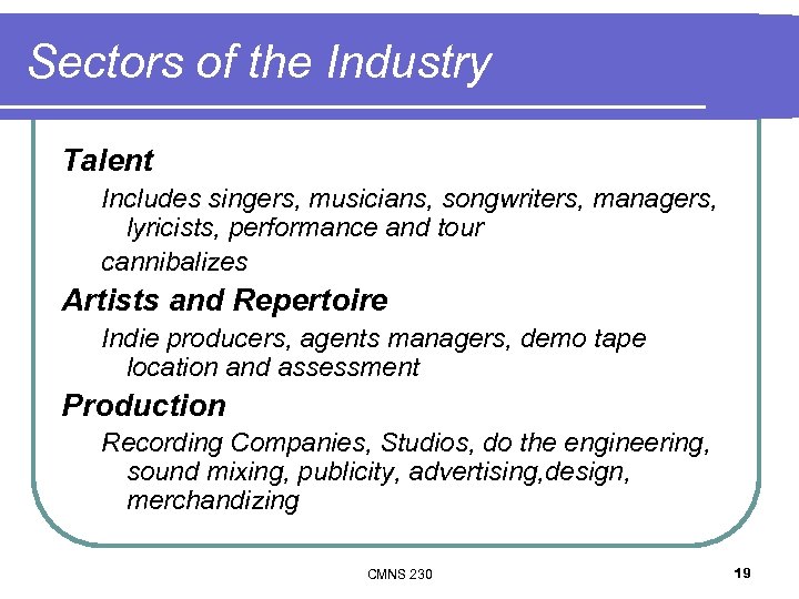 Sectors of the Industry Talent Includes singers, musicians, songwriters, managers, lyricists, performance and tour