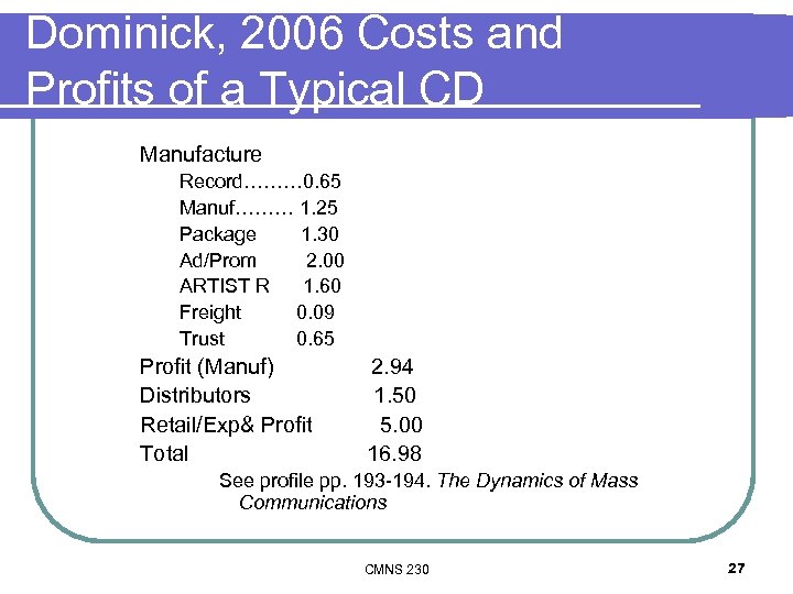 Dominick, 2006 Costs and Profits of a Typical CD Manufacture Record……… 0. 65 Manuf………