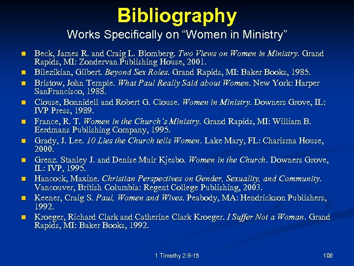 Bibliography Works Specifically on “Women in Ministry” n n n n n Beck, James