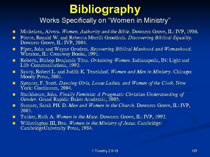 Bibliography Works Specifically on “Women in Ministry” n n n n n Mickelsen, Alvera.