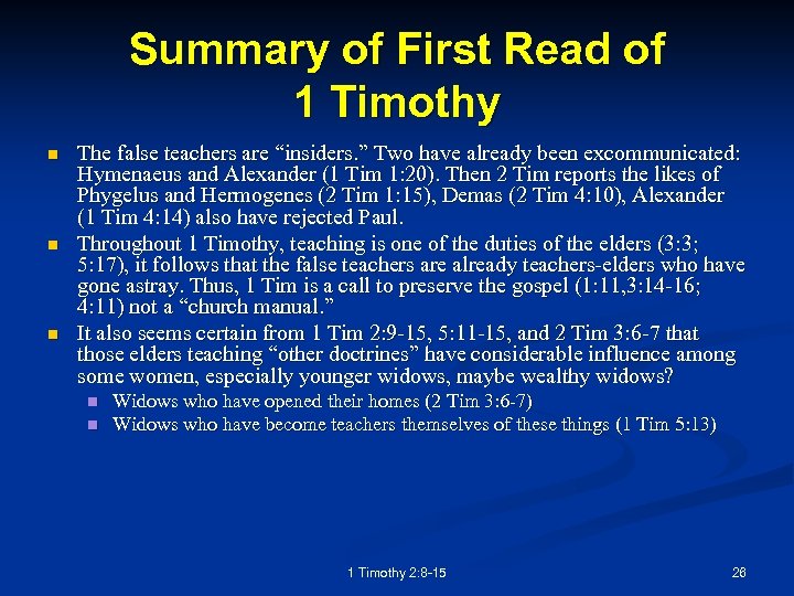 Summary of First Read of 1 Timothy n n n The false teachers are