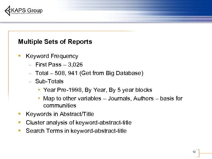 Multiple Sets of Reports § Keyword Frequency First Pass – 3, 026 – Total