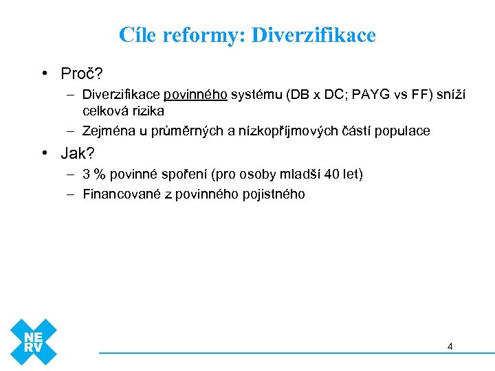 Cíle reformy: Diverzifikace • Proč? – Diverzifikace povinného systému (DB x DC; PAYG vs