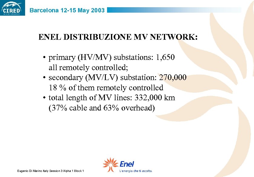 Barcelona 12 -15 May 2003 ENEL DISTRIBUZIONE MV NETWORK: • primary (HV/MV) substations: 1,