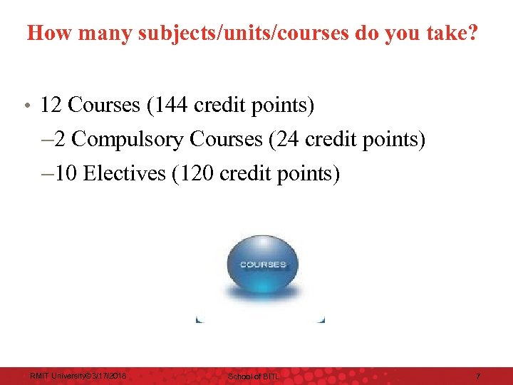 How many subjects/units/courses do you take? • 12 Courses (144 credit points) – 2