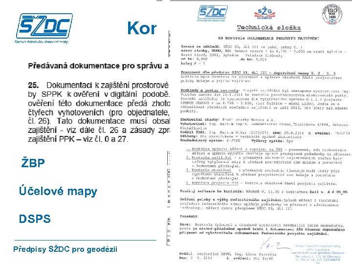 Kontrola PPK Projekt ŽBP Účelové mapy DSPS Předpisy SŽDC pro geodézii 23 