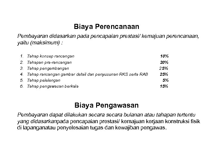 Biaya Perencanaan Pembayaran didasarkan pada pencapaian prestasi/ kemajuan perencanaan, yaitu (maksimum) : 1. 2.