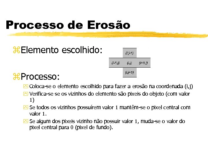 Processo de Erosão z. Elemento escolhido: z. Processo: y Coloca-se o elemento escolhido para