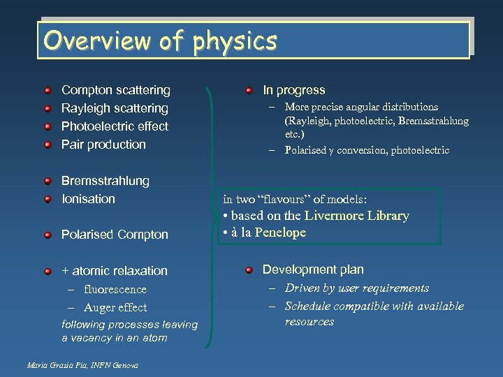 Overview of physics Compton scattering Rayleigh scattering Photoelectric effect Pair production In progress –