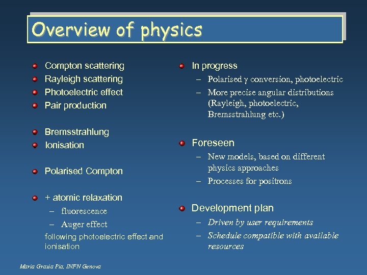Overview of physics Compton scattering Rayleigh scattering Photoelectric effect Pair production In progress –
