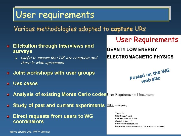 User requirements Various methodologies adopted to capture URs Elicitation through interviews and surveys l