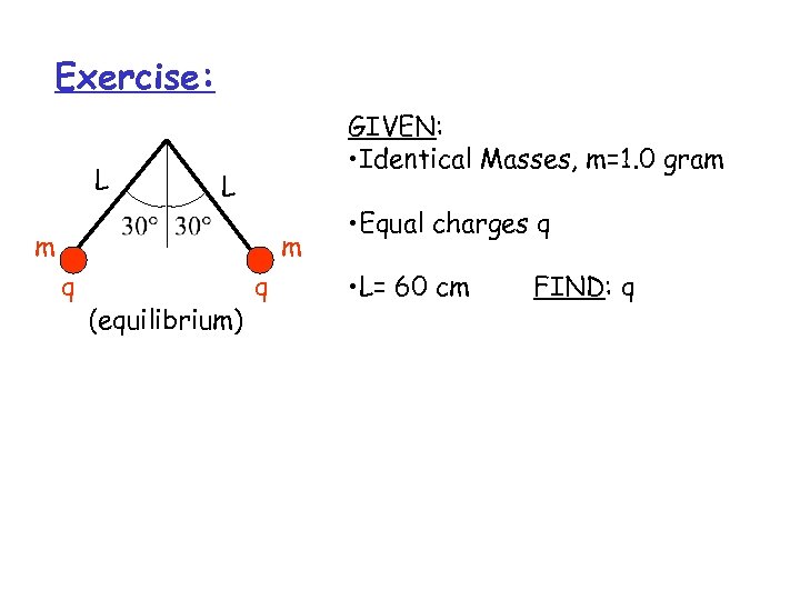 Exercise: L GIVEN: • Identical Masses, m=1. 0 gram L m m q (equilibrium)