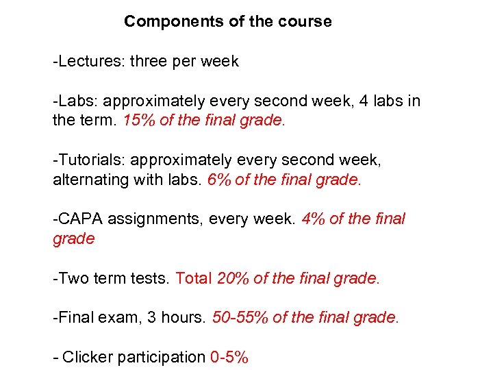 Components of the course -Lectures: three per week -Labs: approximately every second week, 4