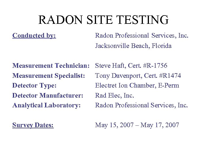 RADON SITE TESTING Conducted by: Radon Professional Services, Inc. Jacksonville Beach, Florida Measurement Technician: