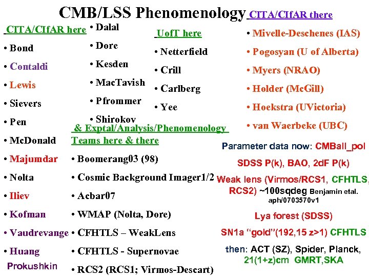 CMB/LSS Phenomenology CITA/CIf. AR there CITA/CIf. AR here • Dalal • Bond • Dore