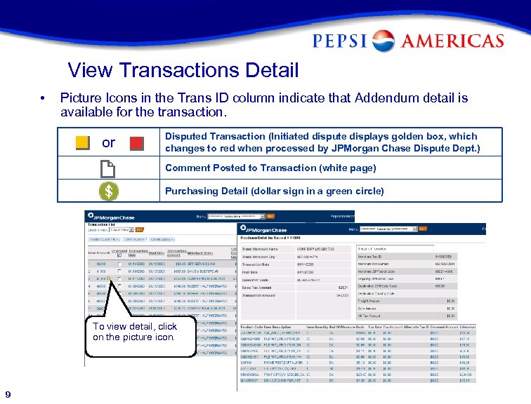 View Transactions Detail • Picture Icons in the Trans ID column indicate that Addendum