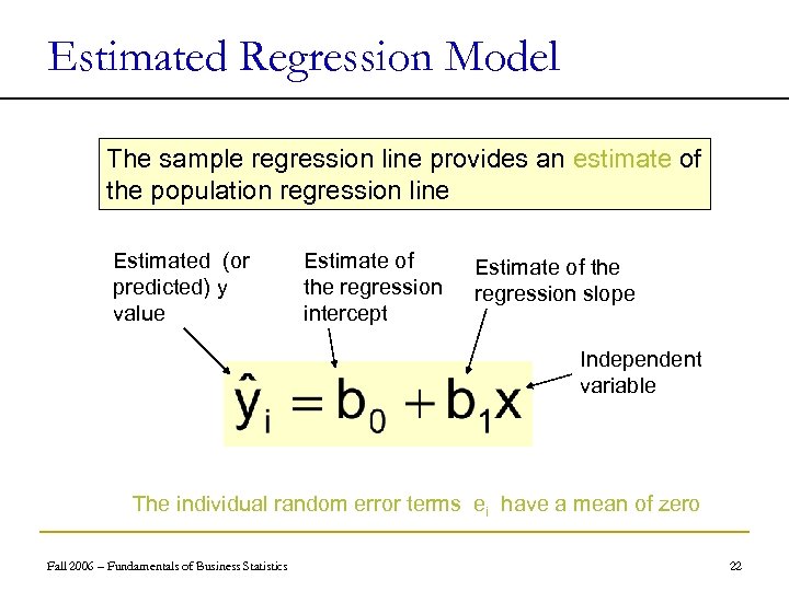 Estimated Regression Model The sample regression line provides an estimate of the population regression