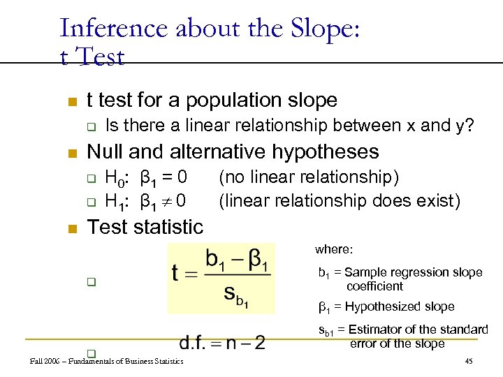 Inference about the Slope: t Test n t test for a population slope q