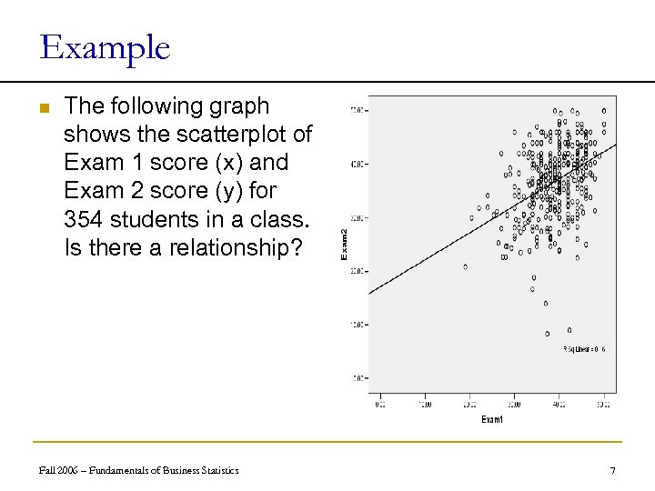 Example n The following graph shows the scatterplot of Exam 1 score (x) and