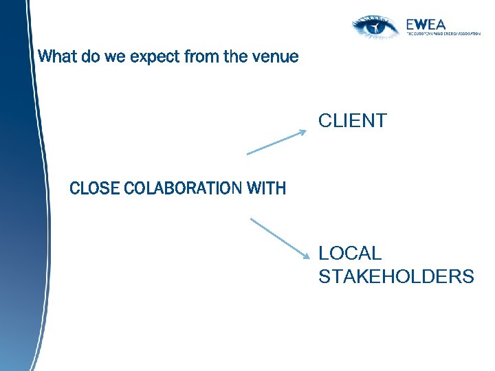 What do we expect from the venue CLIENT CLOSE COLABORATION WITH LOCAL STAKEHOLDERS 
