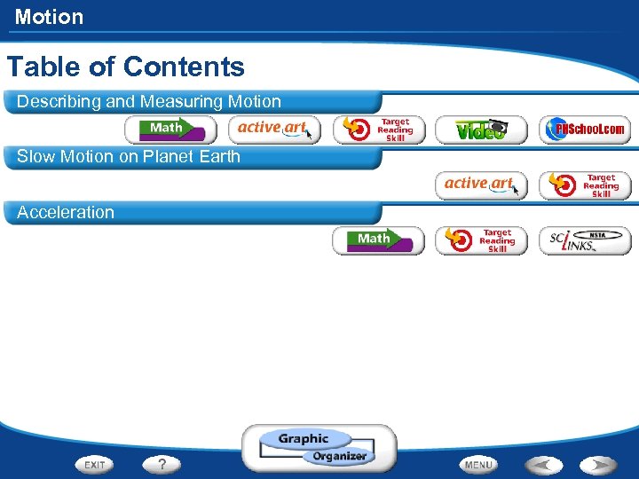 Motion Table of Contents Describing and Measuring Motion Slow Motion on Planet Earth Acceleration