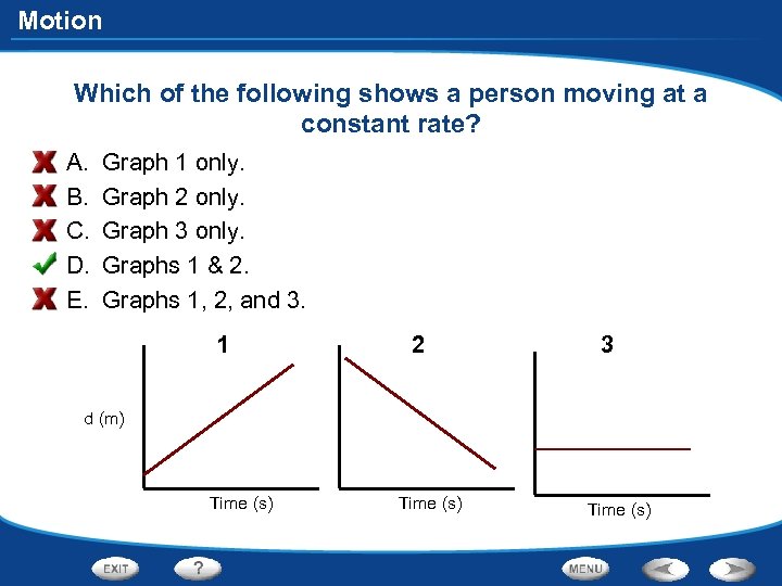 Motion Which of the following shows a person moving at a constant rate? A.