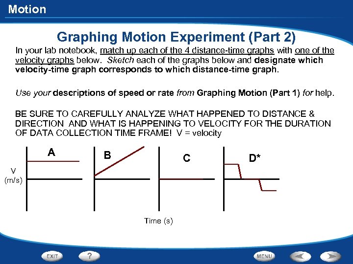 Motion Graphing Motion Experiment (Part 2) In your lab notebook, match up each of